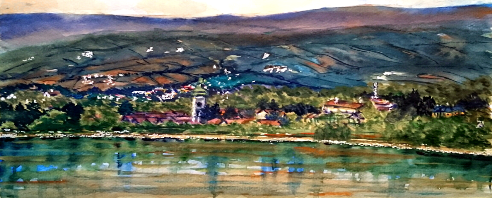 Varga Éva:: Szob, és mögötte Helemba látképe, akvarell, 2019, magángyűjteményben