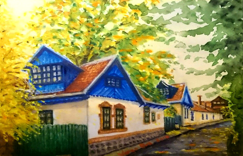 Varga Éva:: Ősz a Napraforgó házaknál, Zebegényben,akvarell, 2020