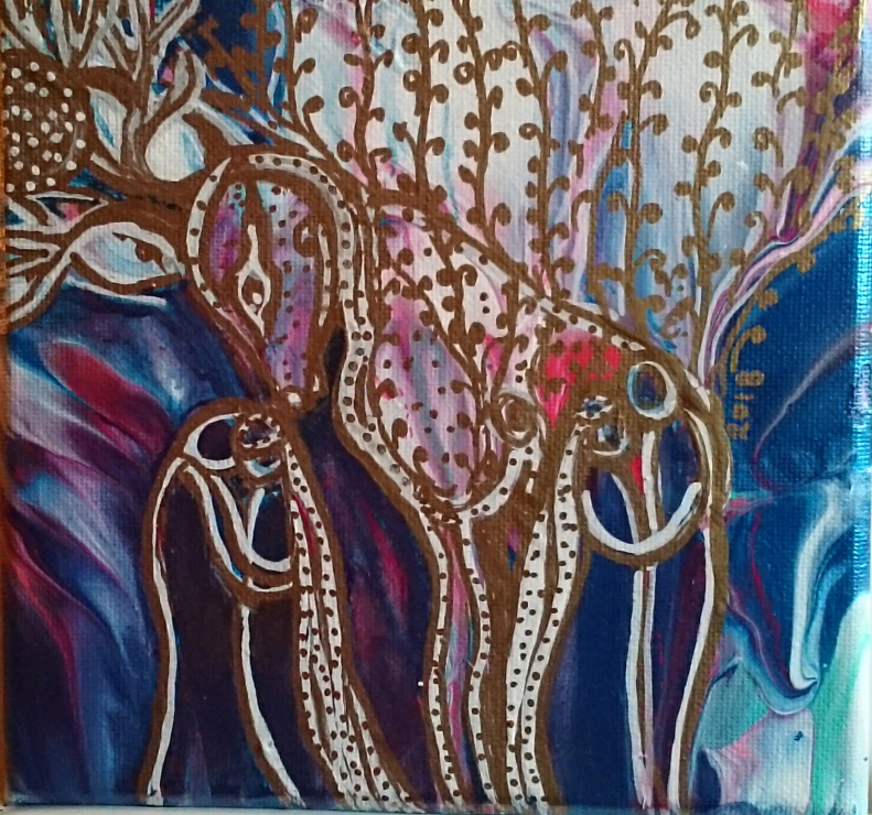 Varga Éva:: Csodaszarvas Hunorral, Magorral, és feleségeikkel, akril, vászon, 2019